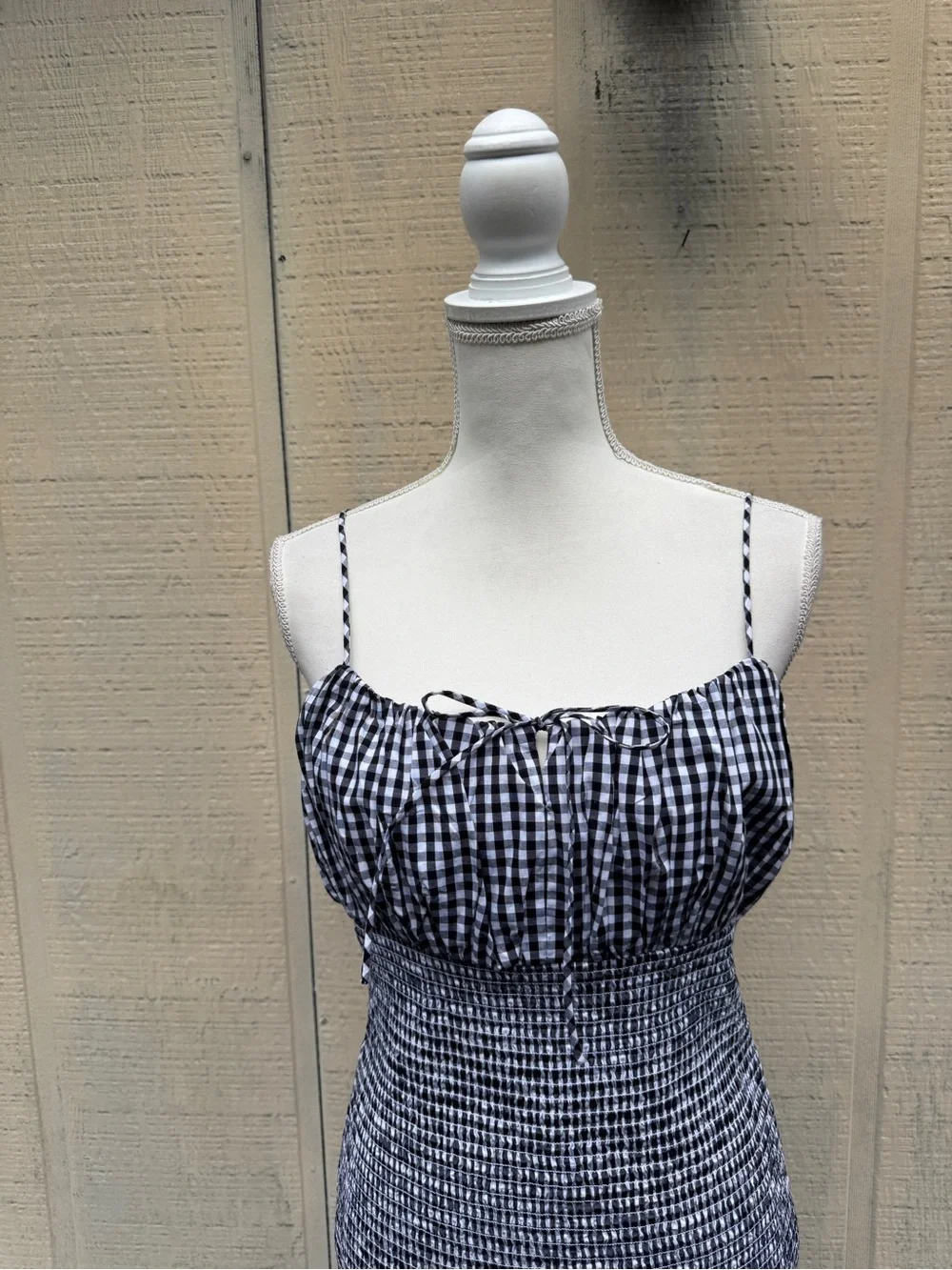 J. Crew Black and White Gingham Smocked Midi Dress